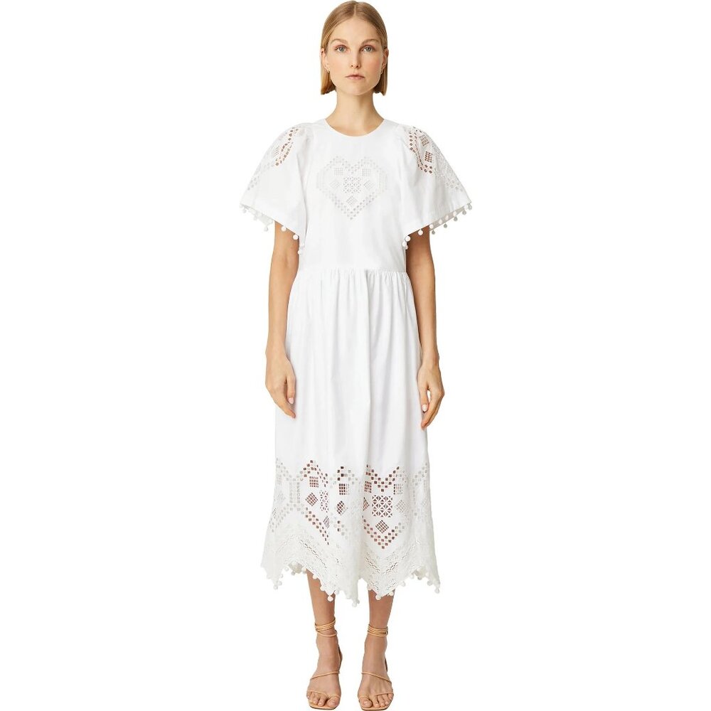 NWT $575 RHODE CLAUDE COTTON DRESS IN WHITE HEART EYELET #2 SIZE L